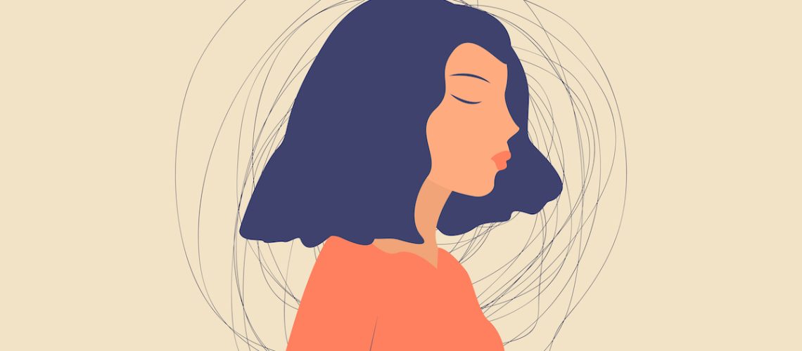 Frustrated sad Young cute woman with a tangle of thoughts in a state of depression, confused situation with Mental disorder and chaos. Girl with nervous problem feel anxiety and confusion. Vector.
